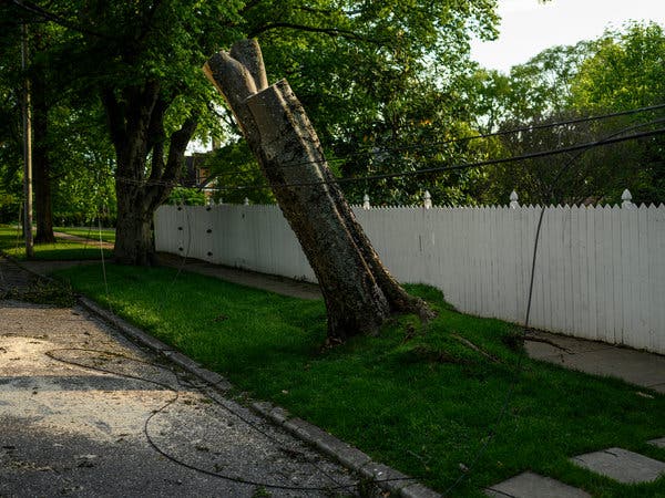 An uprooted tree and downed power lines hang on the roadside in West Nashville after multiple storms came through the area leaving many residents still without power on the fifth day.