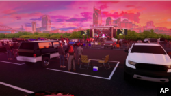 This artist rendering released by Live Nation shows the set up for Live Nation's “Live from the Drive-In,” concert series taking place July 10-12. (Live Nation via AP)