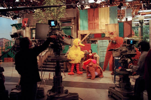 Big Bird and friends on the set of “Sesame Street” in 1995.