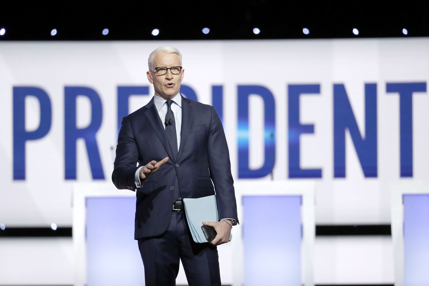 CNN anchor Anderson Cooper speaks before a Democratic presidential primary debate in October 2019. 