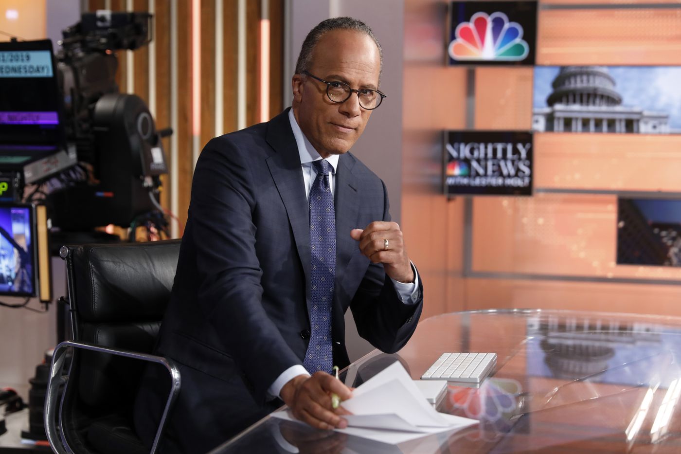 Lester Holt, anchor of "NBC Nightly News," and host of "Dateline NBC" on the set of his weekday evening news set in New York in 2019. 
