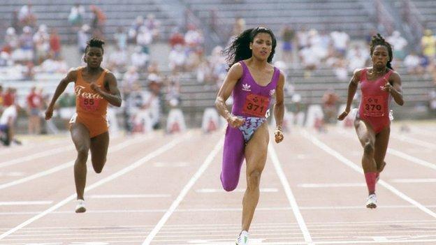 Florence Griffith-Joyner running the 100m at the 1988 US Olympic trials