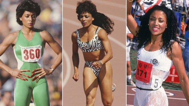 Three photos of Florence Griffith-Joyner in some of her most elaborate track outfits