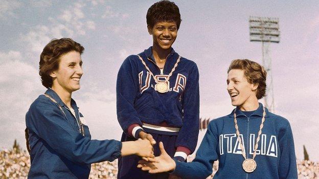 Wilma Rudolph at the 1960 Olympic Games medal ceremony
